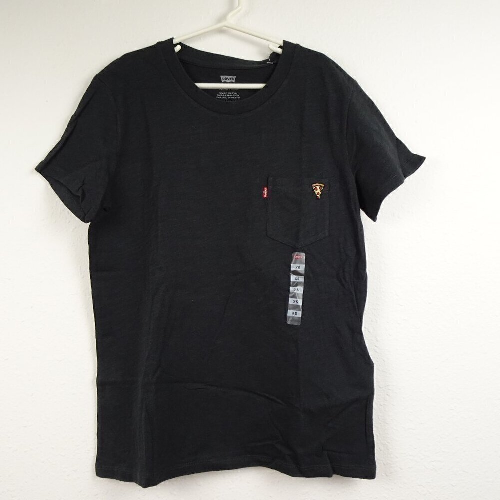 Levi's Pizza Theme T-Shirt Top Women's Size XS Black Pocket Embroidered Pizza